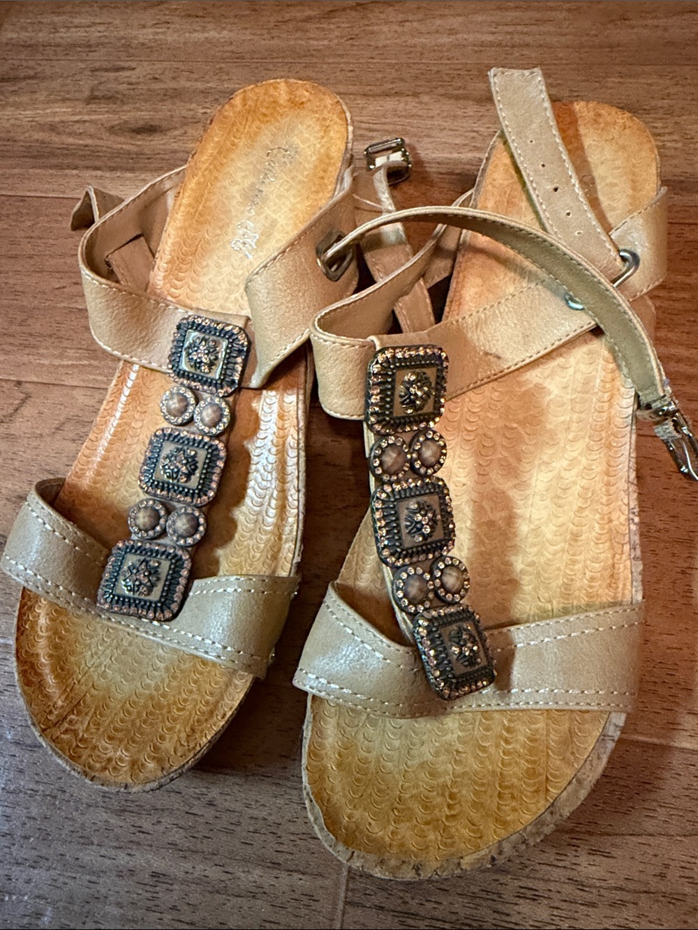 Refresh Gold-Beige Jeweled T-Strap Sandals - Euro Size 38